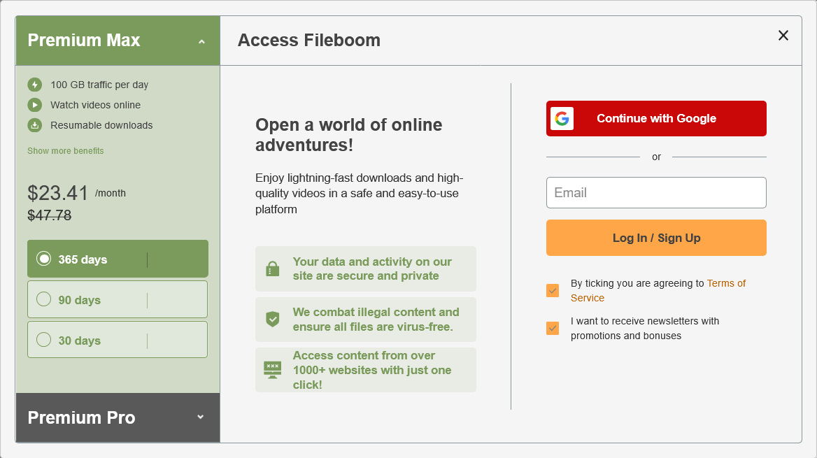 FileBoom Premium Max Subscription Options